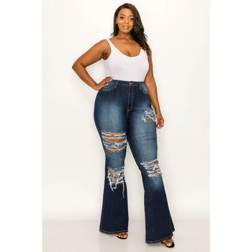 Women's Distressed Flare Jeans - Dark Blue